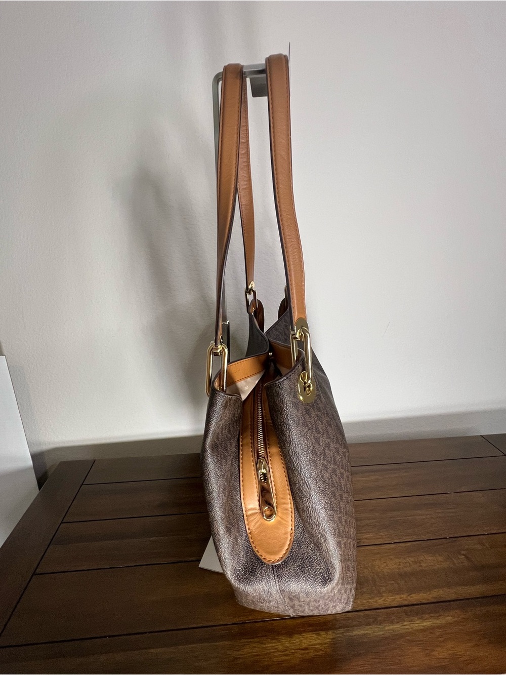 Michael Kors Brown MK Monogram Shoulder Tote with Gold Hardware - Picture 3 of 11